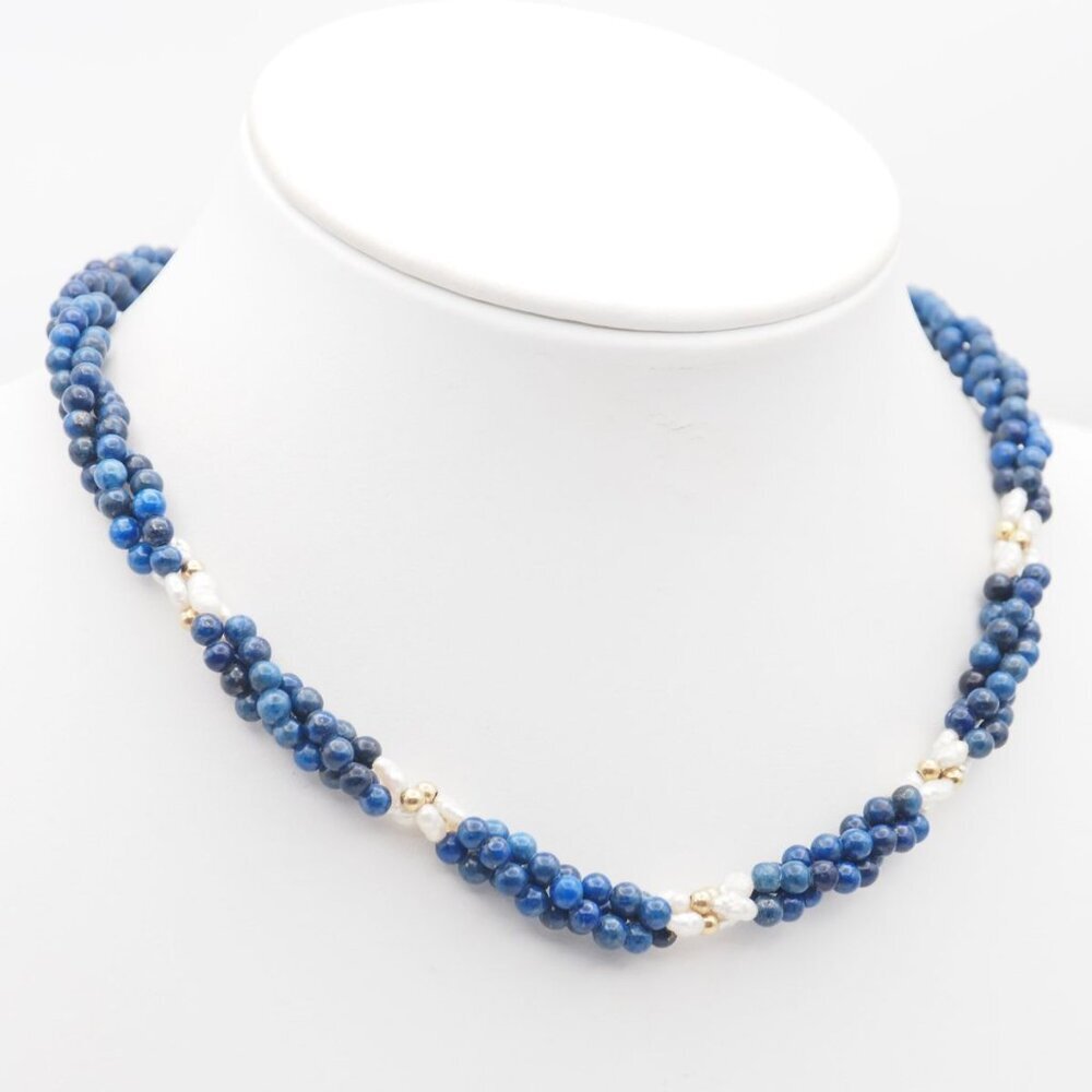 Lapis Lazuli Freshwater Pearl Necklace, 3-strand, Gold Design, GSILVER Stamped, - Picture 3 of 7